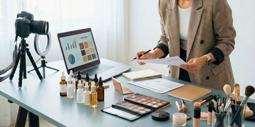 A professional beauty blogger and business owner working at a desk with makeup palettes, skincare bottles, a laptop showing analytics, and a camera setup for social media content creation.