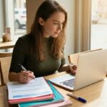 A young woman in a cafe reviewing cosmetology school requirements and filling out an enrollment application form next to her laptop, notebooks, and beauty tools.