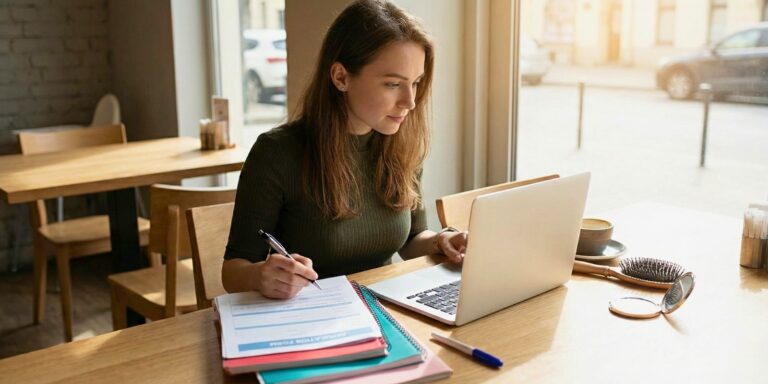 A young woman in a cafe reviewing cosmetology school requirements and filling out an enrollment application form next to her laptop, notebooks, and beauty tools.