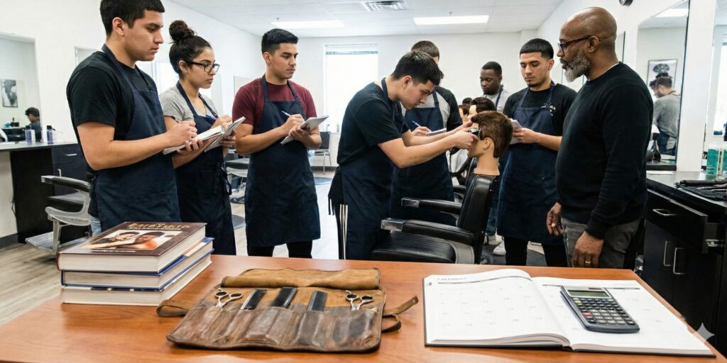 Students at a barbering academy practicing techniques on a mannequin with an instructor, while textbooks, professional tools, and a calculator sit in the foreground representing the investment in barber school.