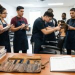 Students at a barbering academy practicing techniques on a mannequin with an instructor, while textbooks, professional tools, and a calculator sit in the foreground representing the investment in barber school.
