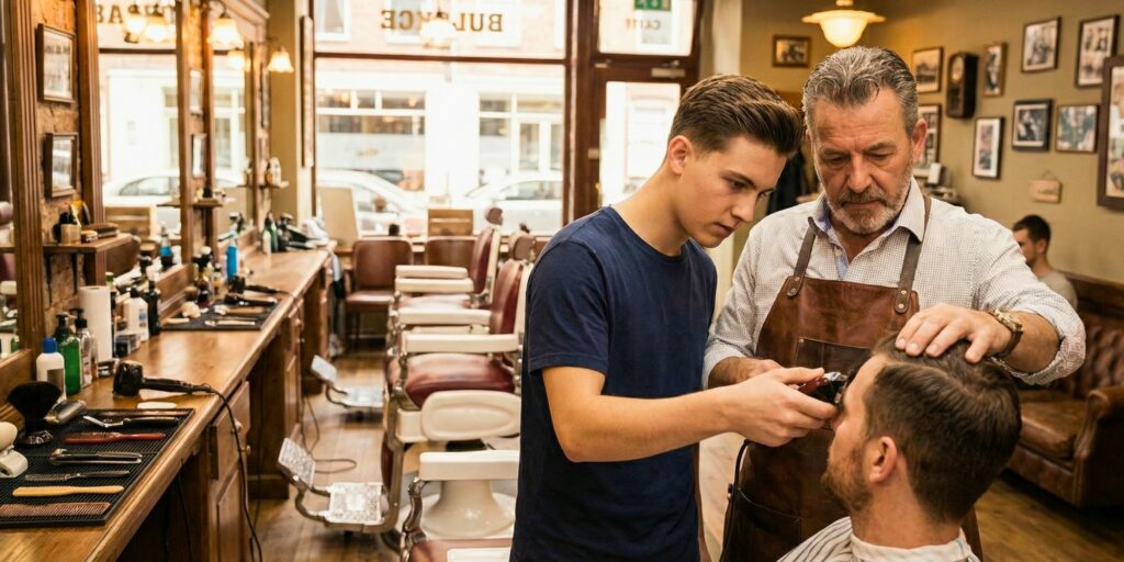 A seasoned barber mentor in a leather apron guides a student's hand holding clippers during hands-on barber training on a client in a classic barbershop.