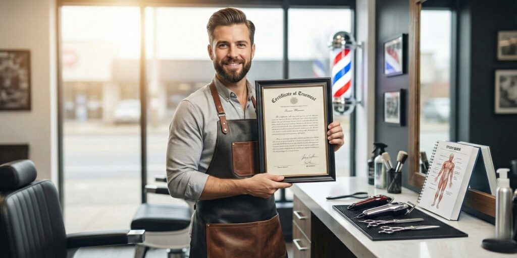 A professional barber in a leather apron proudly holds a framed barber license certificate inside a modern barbershop, with an open anatomy study guide visible on his station.