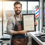 A professional barber in a leather apron proudly holds a framed barber license certificate inside a modern barbershop, with an open anatomy study guide visible on his station.