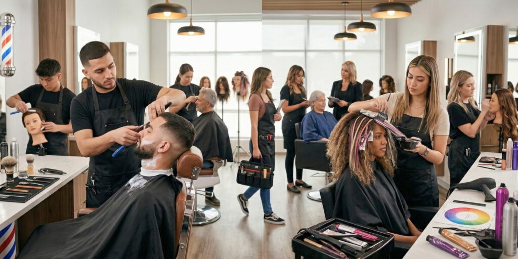A young woman standing at a symbolic crossroads, with a full-service cosmetology salon on the left and a traditional barbershop on the right, contemplating her career path.