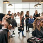A young woman standing at a symbolic crossroads, with a full-service cosmetology salon on the left and a traditional barbershop on the right, contemplating her career path.