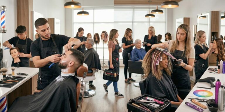 A young woman standing at a symbolic crossroads, with a full-service cosmetology salon on the left and a traditional barbershop on the right, contemplating her career path.