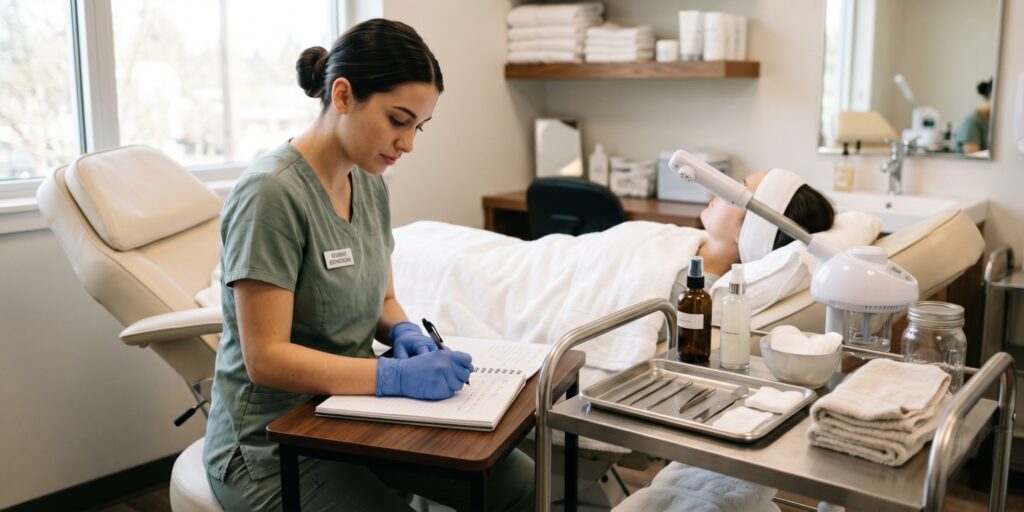 A student wearing green scrubs and blue gloves writes in a notebook beside a treatment chair and professional skincare tools in a bright training room.