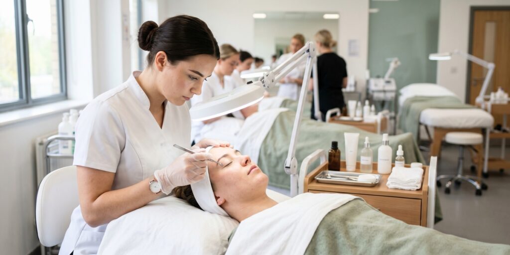 An esthetician student wearing a white uniform carefully examines a client's skin during a facial treatment in a bright clinic classroom.
