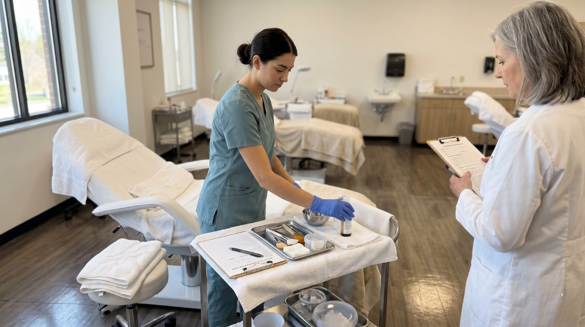 A student in green scrubs prepares a tray of tools next to a treatment chair while an instructor watches with a clipboard.