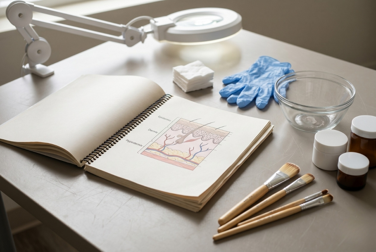 An open notebook showing a skin layer diagram sits on a desk alongside facial brushes, a glass bowl, blue gloves, and a white magnifying lamp.