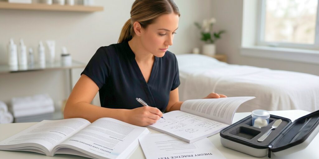 A focused esthetics student wearing a black shirt and taking notes from a textbook with a theory practice test paper and an open kit case on the table in a spa setting.
