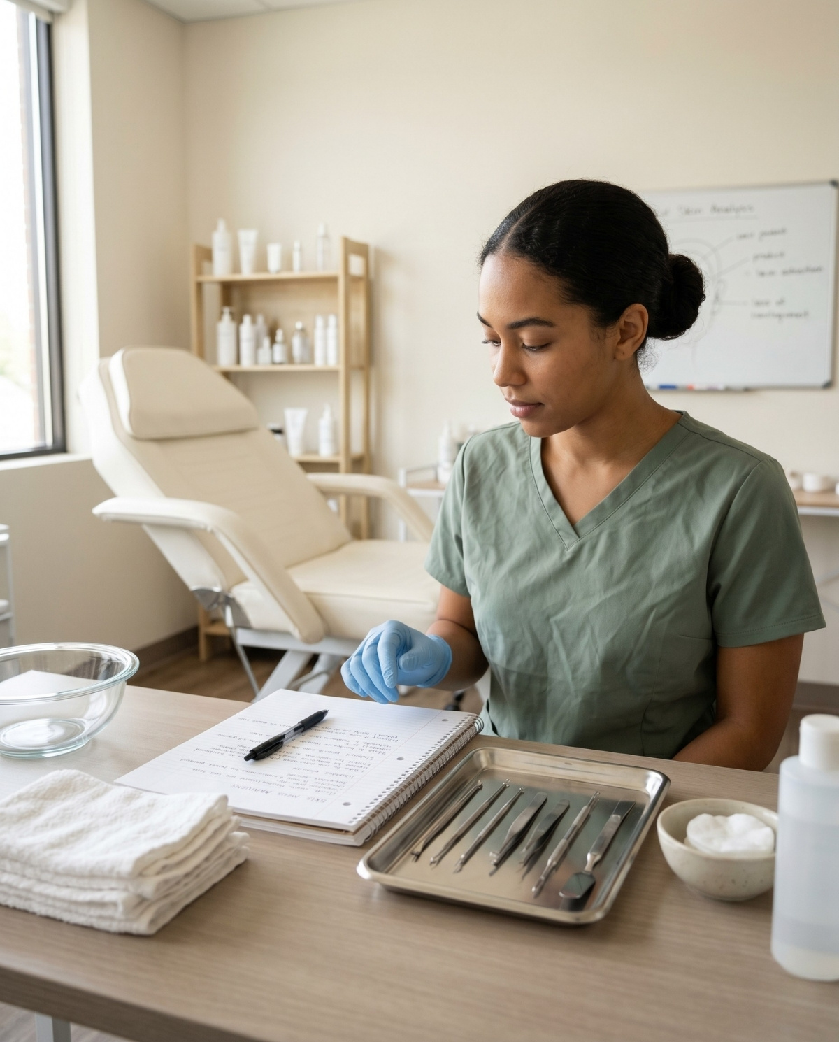 A woman in green medical scrubs and blue gloves seated at a desk, looking down at handwritten notes in a notebook next to a tray of professional extraction tools, with a white treatment chair and product shelves in the background.