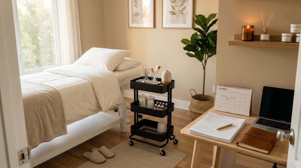 A cozy independent skincare studio with a white treatment bed, a black rolling tool cart, and a wooden desk with client paperwork in a room with warm neutral decor and natural window light.