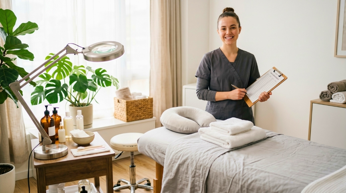 A smiling esthetician in a gray uniform stands with a clipboard beside a prepared facial bed and treatment lamp in a sunlit room.