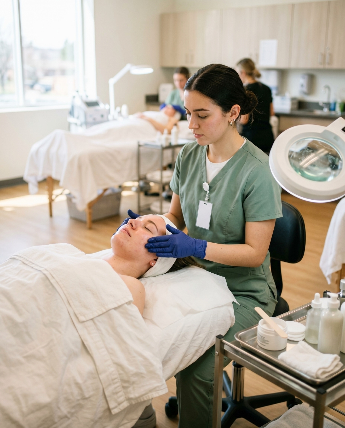 An esthetician student in sage green scrubs performs a facial treatment on a client lying on a white treatment table in a bright clinic setting.