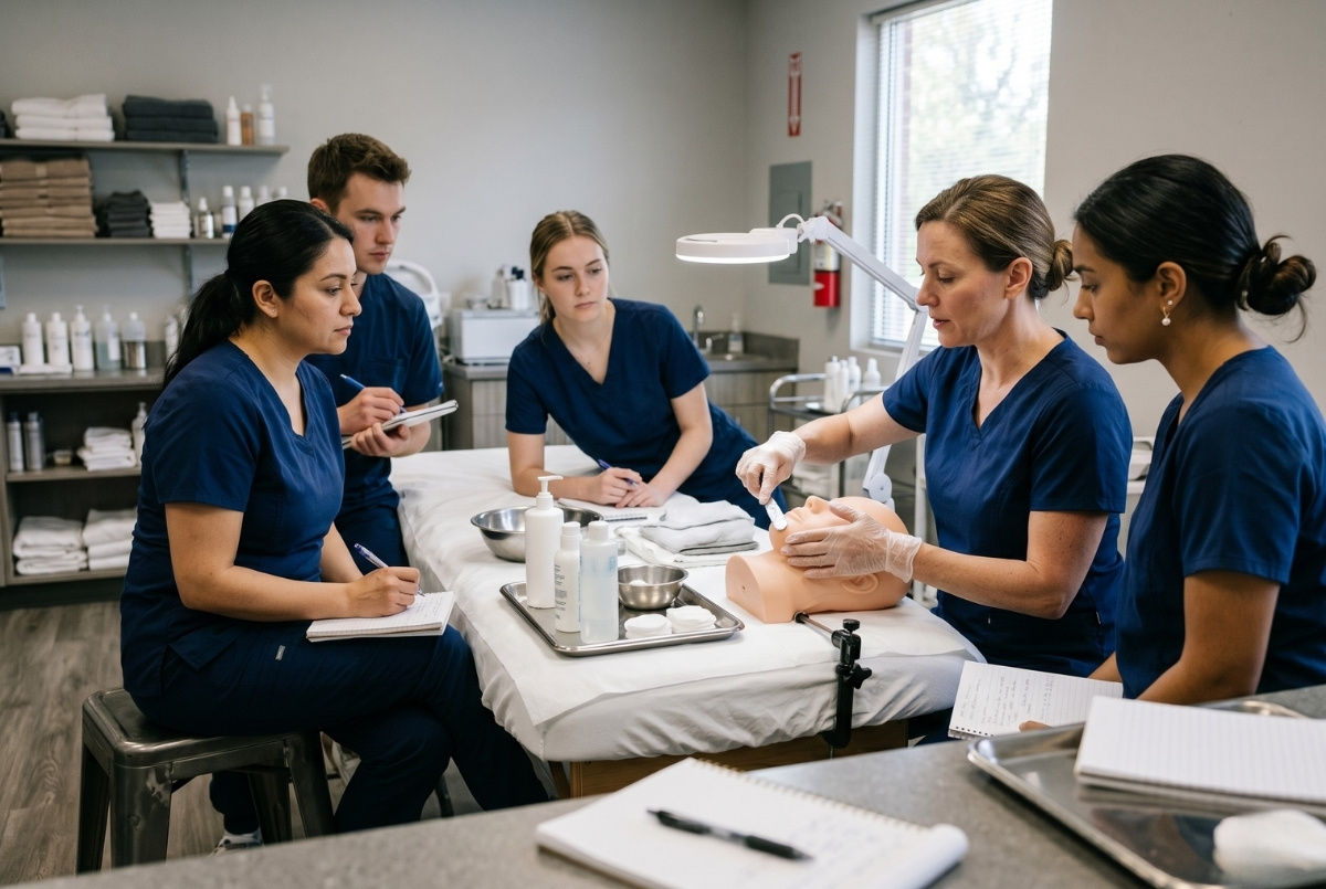 An instructor shows skincare techniques on a mannequin head while adult students take notes in a classroom.
