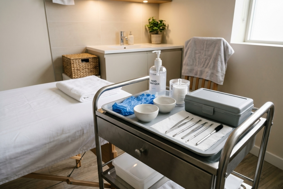 A detailed interior photograph of a clean, well-organized skincare treatment room featuring a stainless steel medical rolling cart in the foreground. The cart's tray holds hand sanitizer, blue nitrile gloves, cotton rounds, mixing bowls, and various facial extraction tools (tweezers, extractors) on a sterile wipe. In the background is a white treatment bed with a folded towel, a sink area with cabinets, a wicker basket, and a potted plant, all illuminated by soft natural light.