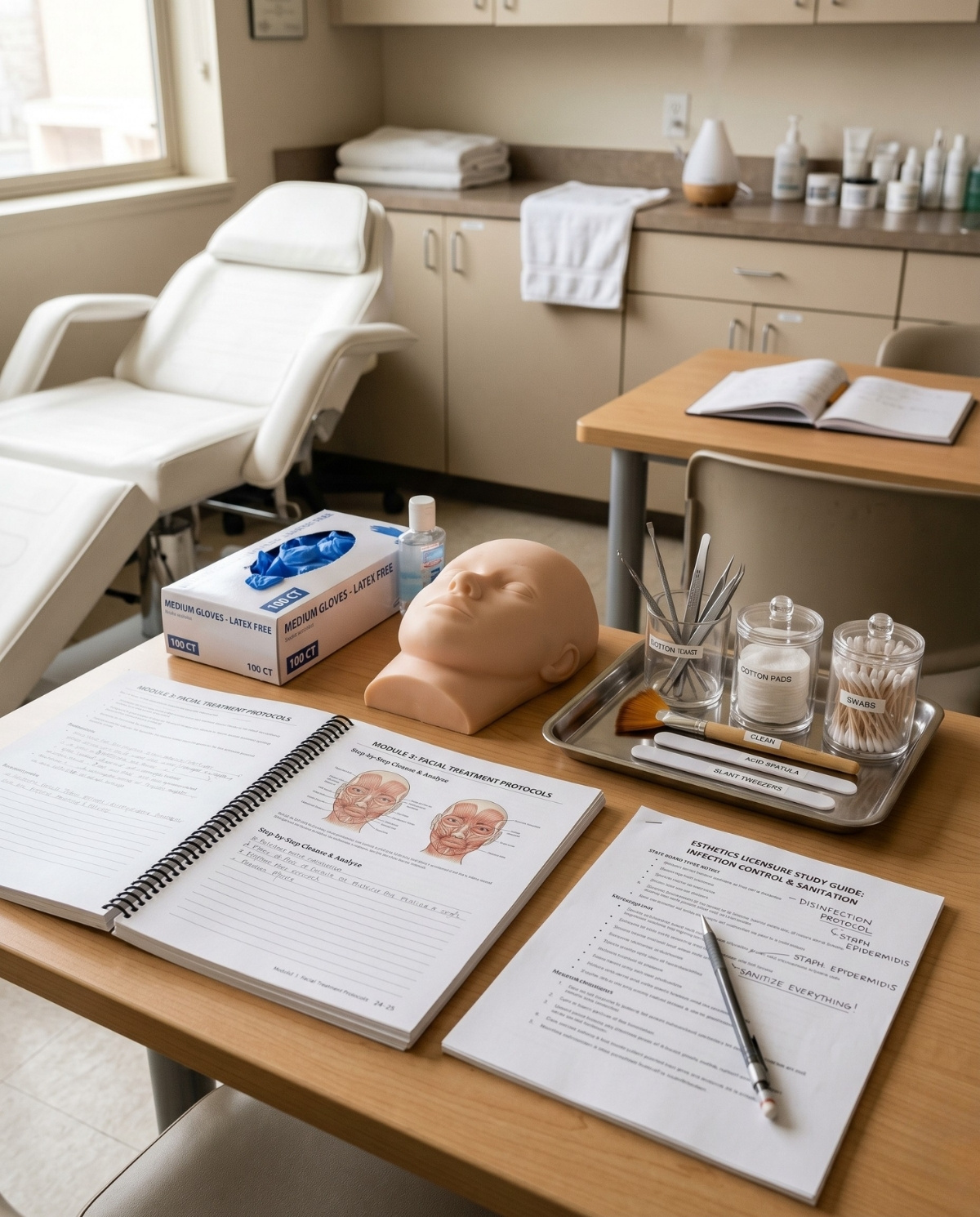 A close-up photograph of an esthetician training desk featuring an open workbook, a practice mannequin head, and labeled skin care tools in a bright, modern beauty school classroom.