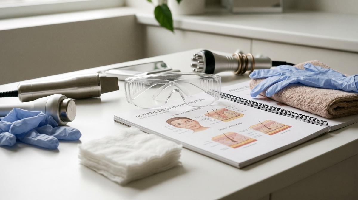 A close-up of clear protective eyewear on an open training manual with skin diagrams, surrounded by blue gloves and aesthetic device tools.