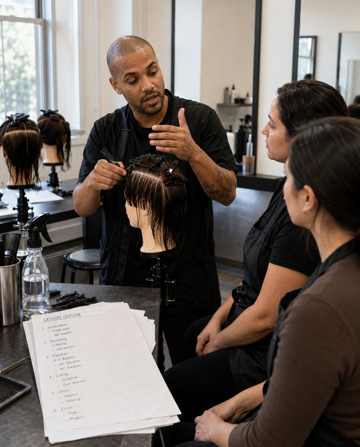 Male beauty instructor explaining hair sectioning on a mannequin head while two adult students observe closely during hands-on classroom training.