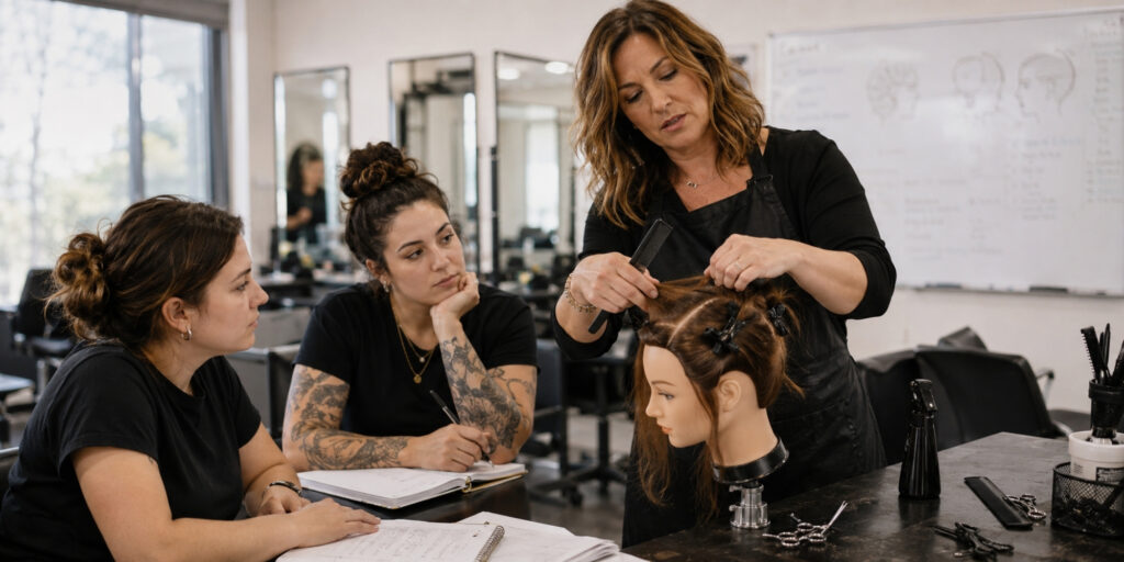 Beauty instructor demonstrating hair sectioning to adult students in a cosmetology training classroom.