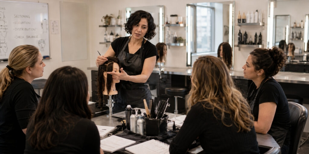 Beauty instructor demonstrating a hands-on hair technique to adult students in a professional training classroom with mannequin heads, lesson papers, mirrors, and salon tools.