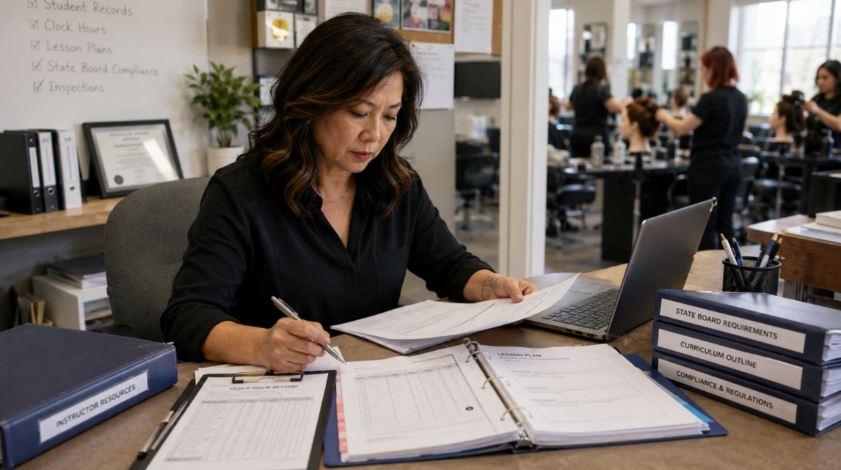 Beauty school training coordinator reviewing student records, clock hour forms, lesson plans, and compliance binders in an office beside a working classroom.