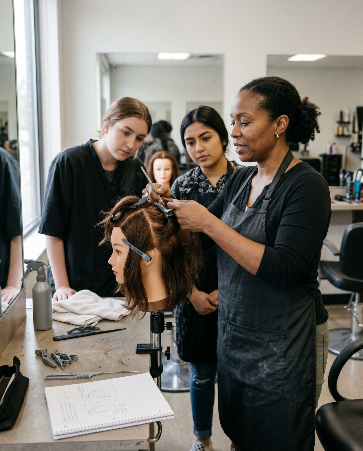 A professional beauty instructor demonstrates hair sectioning on a mannequin head for two students in a bright salon classroom setting.