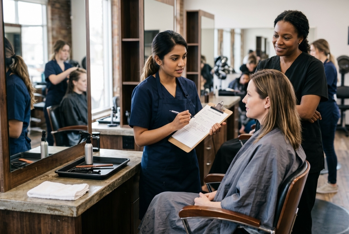 A student practicing a client consultation with a clipboard under the supervision of a beauty school instructor in a salon setting.