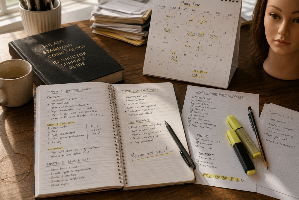 Cosmetology instructor study notes, checklist, calendar, highlighters, and mannequin head on a desk.