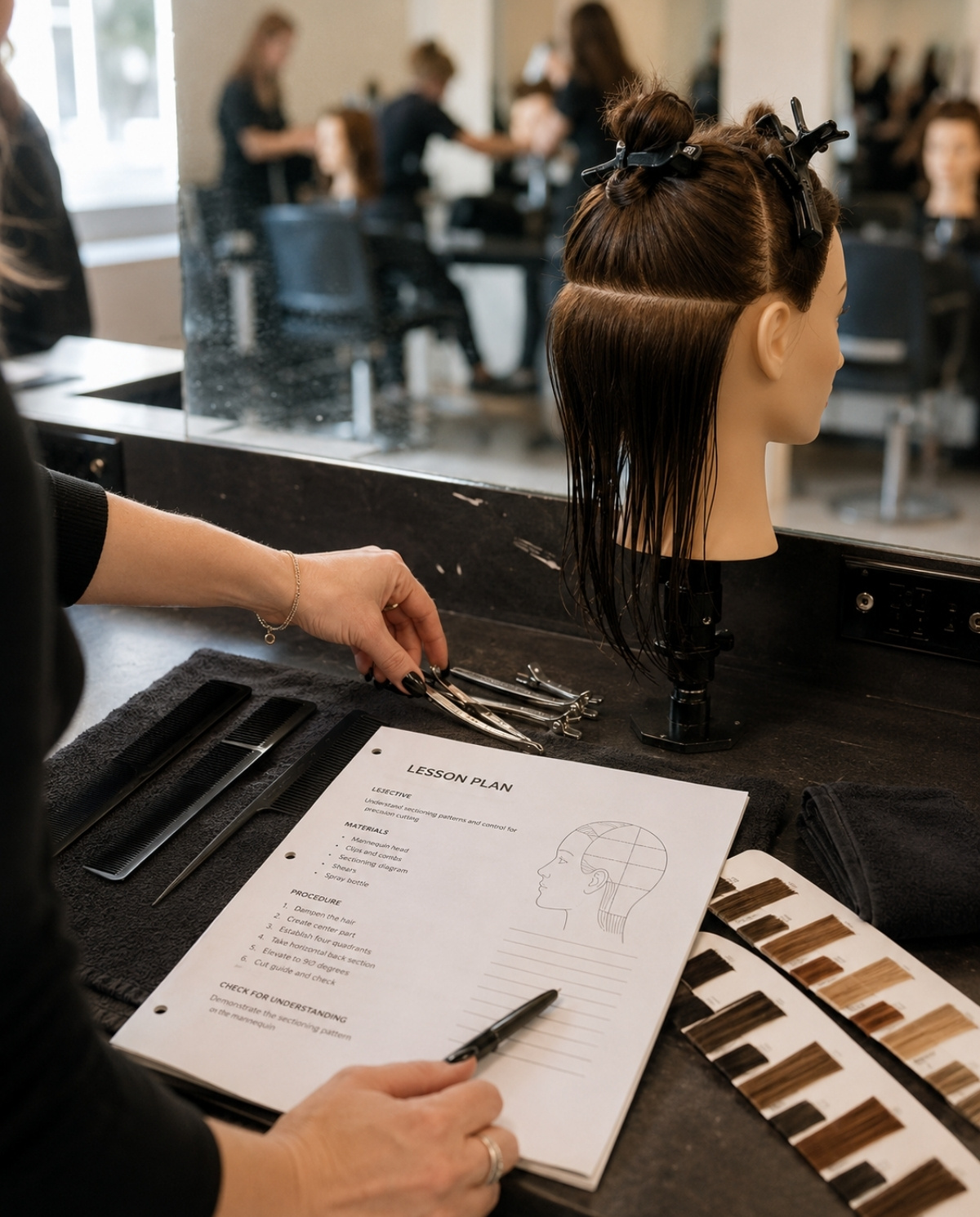 Mannequin head, lesson plan, combs, clips, and color swatches on a beauty training workstation.