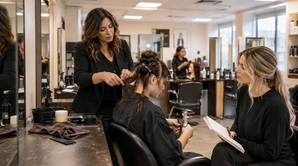 Beauty instructor supervising students during hands-on hair practice in a training classroom.