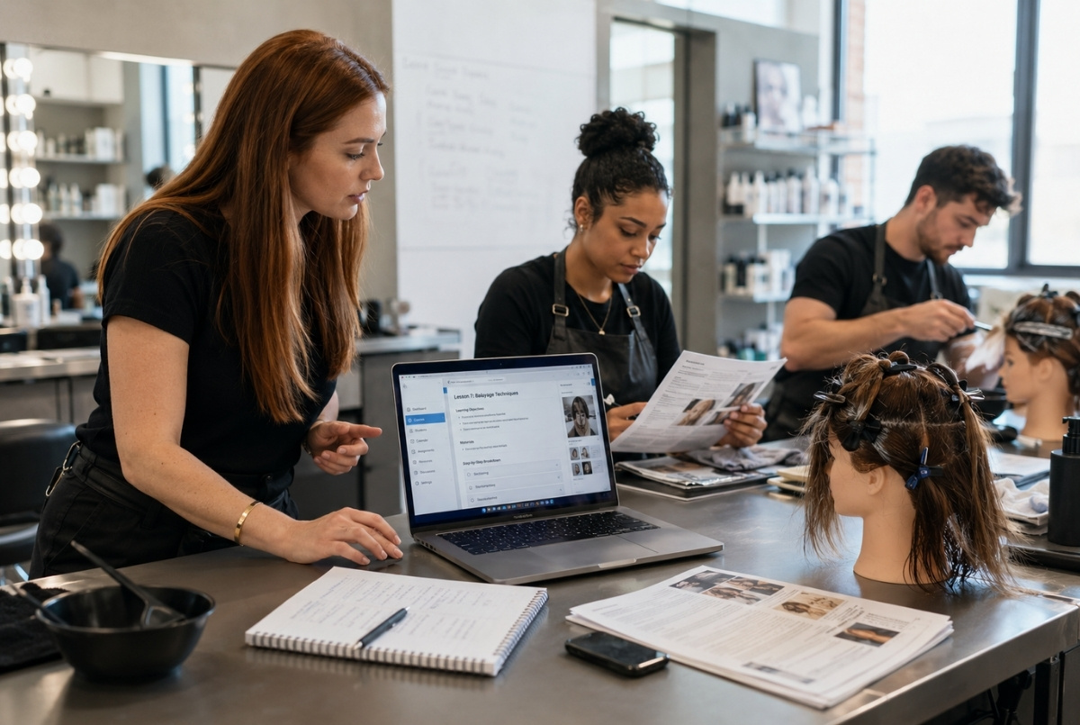 Beauty instructor using a laptop lesson platform while students review printed materials and practice on mannequin heads in a modern cosmetology classroom.