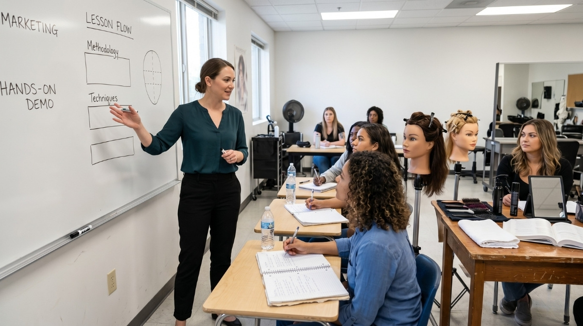 A professional beauty educator explaining a lesson flow diagram on a whiteboard to students in a modern training classroom.