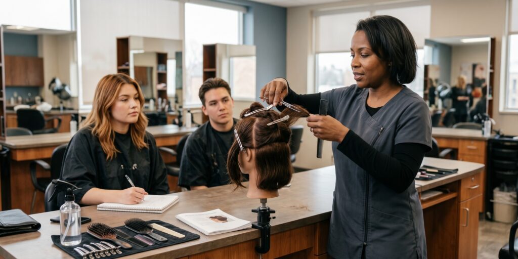 Professional beauty educator demonstrating hairstyling on a mannequin for students in a modern salon classroom setting.