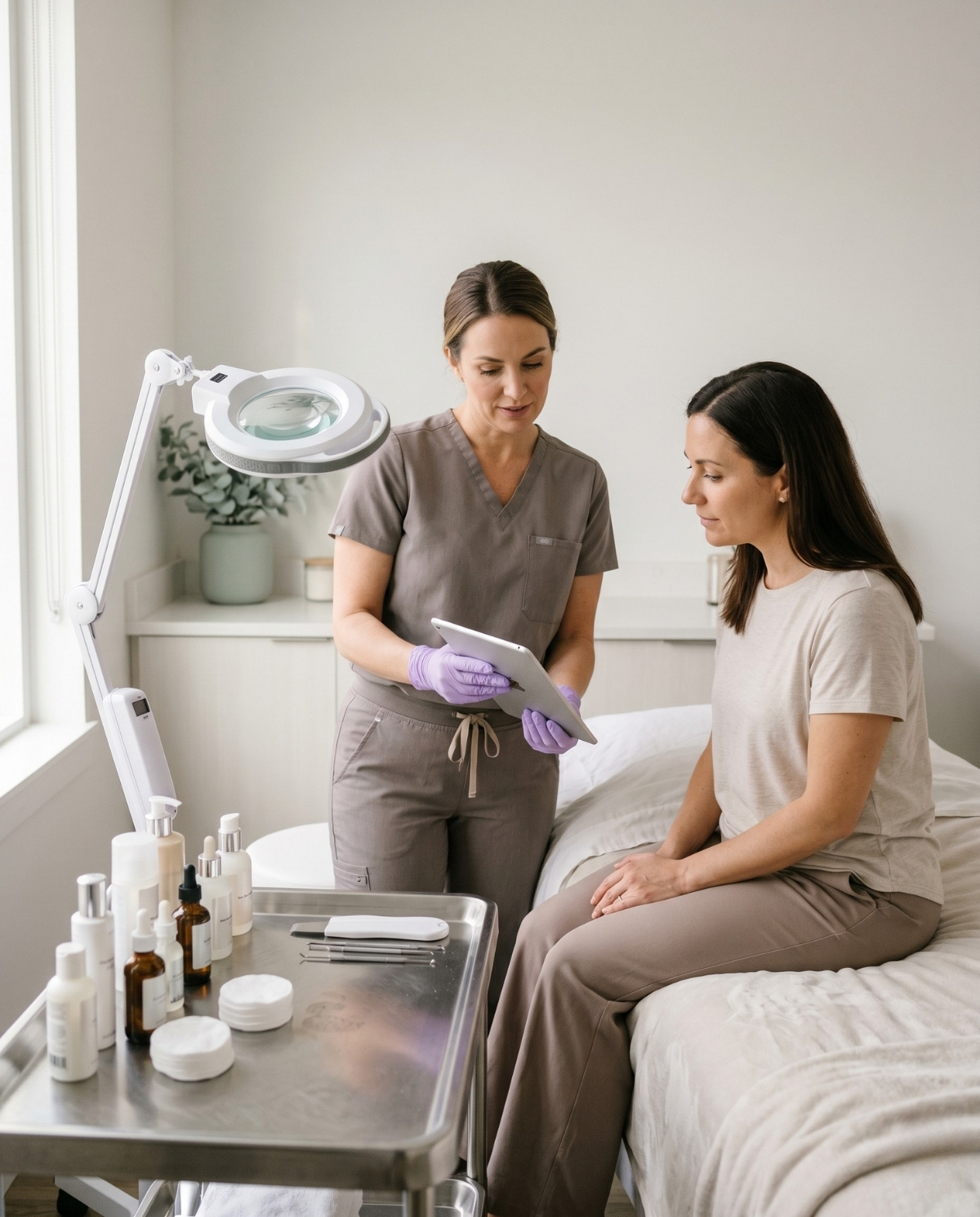 A professional esthetician in taupe scrubs and purple gloves uses a tablet to consult with a client in a bright, modern skincare clinic featuring a magnifying lamp and treatment tools.