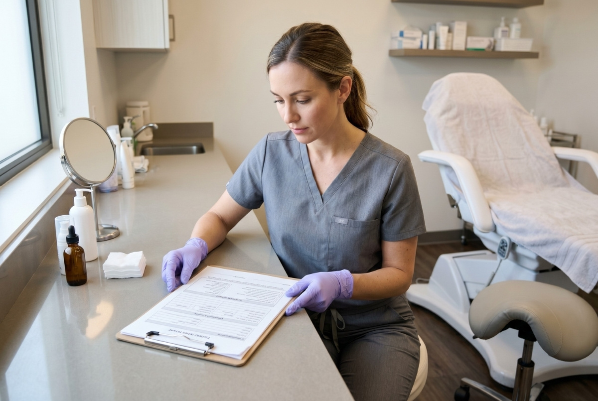 A medical professional wearing grey scrubs and purple gloves reviews a patient intake form on a clipboard in a clean aesthetic clinic.