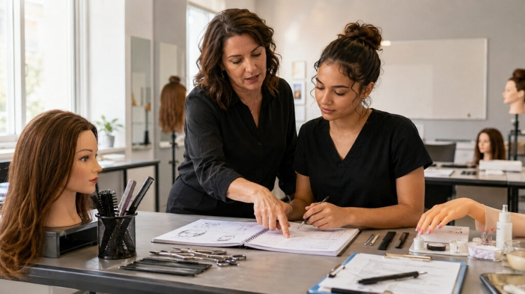 Experienced beauty instructor guiding a student through lesson notes at a cosmetology classroom table with mannequin heads, shears, combs, nail practice tools, and training materials.