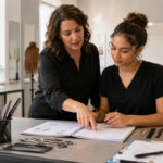 Experienced beauty instructor guiding a student through lesson notes at a cosmetology classroom table with mannequin heads, shears, combs, nail practice tools, and training materials.