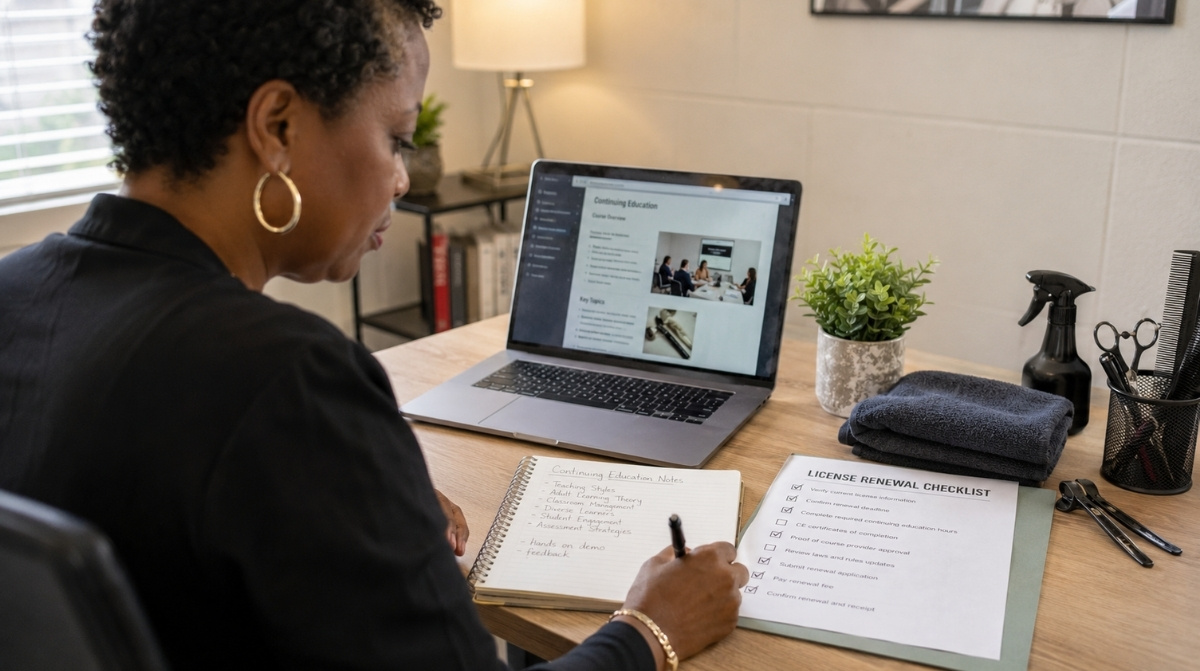 Beauty educator reviewing continuing education materials on a laptop with a license renewal checklist, handwritten notes, folded towel, salon tools, plant, and desk lamp.
