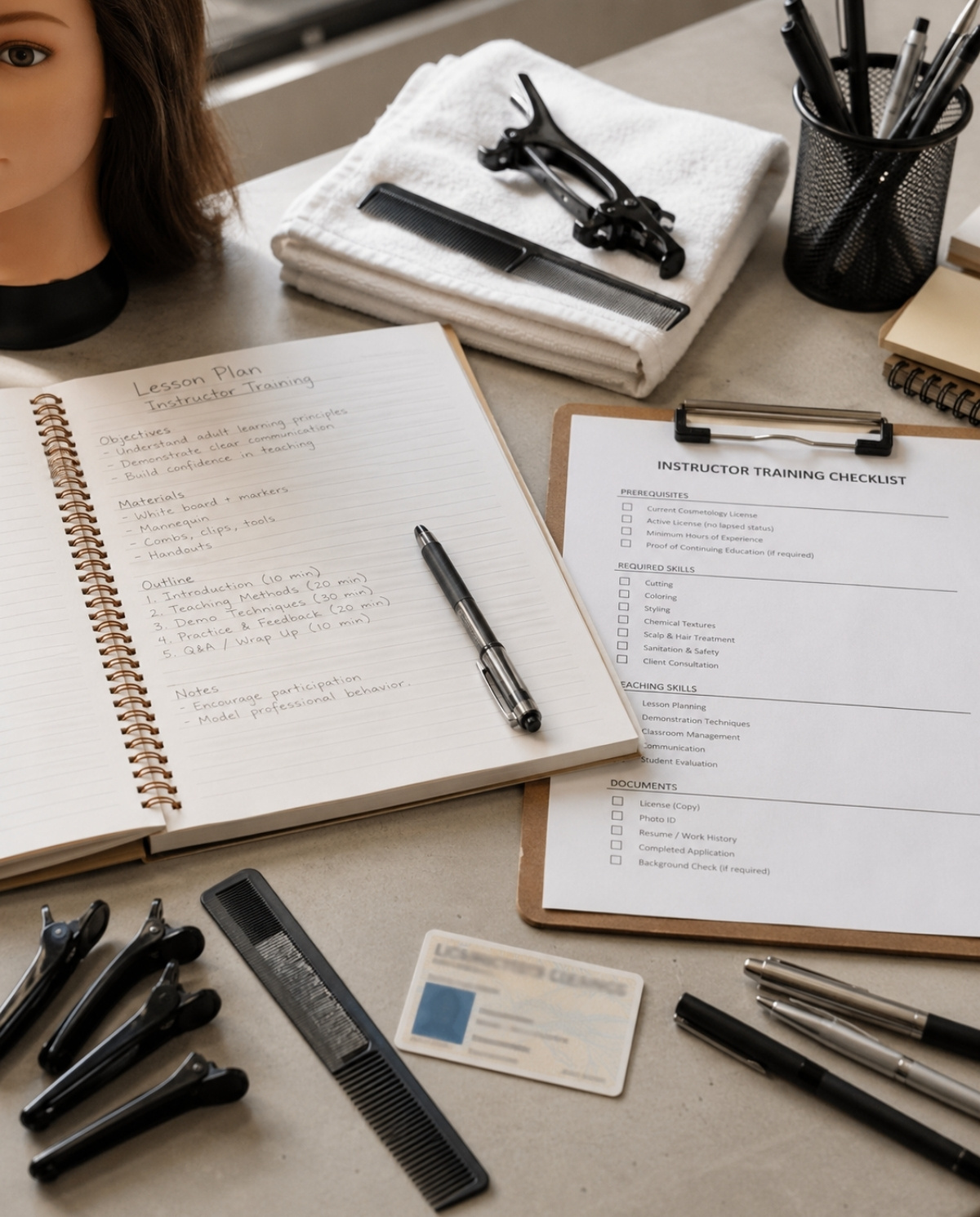 Open beauty instructor lesson plan notebook, instructor training checklist, license card, combs, clips, towel, pens, and mannequin head arranged on a salon classroom desk.