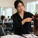 Beauty instructor demonstrating hair sectioning on a mannequin head in a professional salon classroom with lesson notes, combs, clips, mirrors, and training stations.