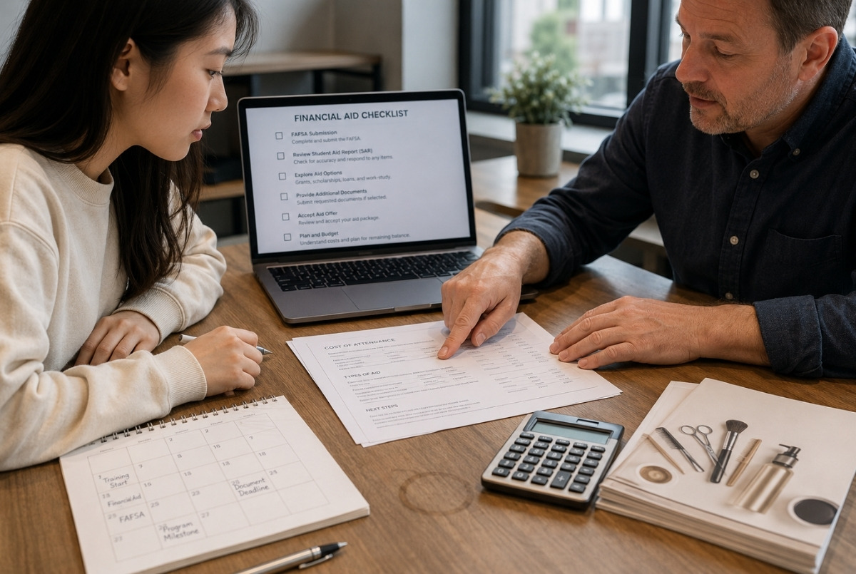 Beauty school student and advisor reviewing financial aid checklist, cost of attendance paperwork, calendar, calculator, and program planning documents at a desk.