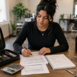 Beauty student reviewing tuition paperwork beside a cosmetology kit, calculator, notebook, shears, combs, mannequin head, and apron in a bright salon classroom.