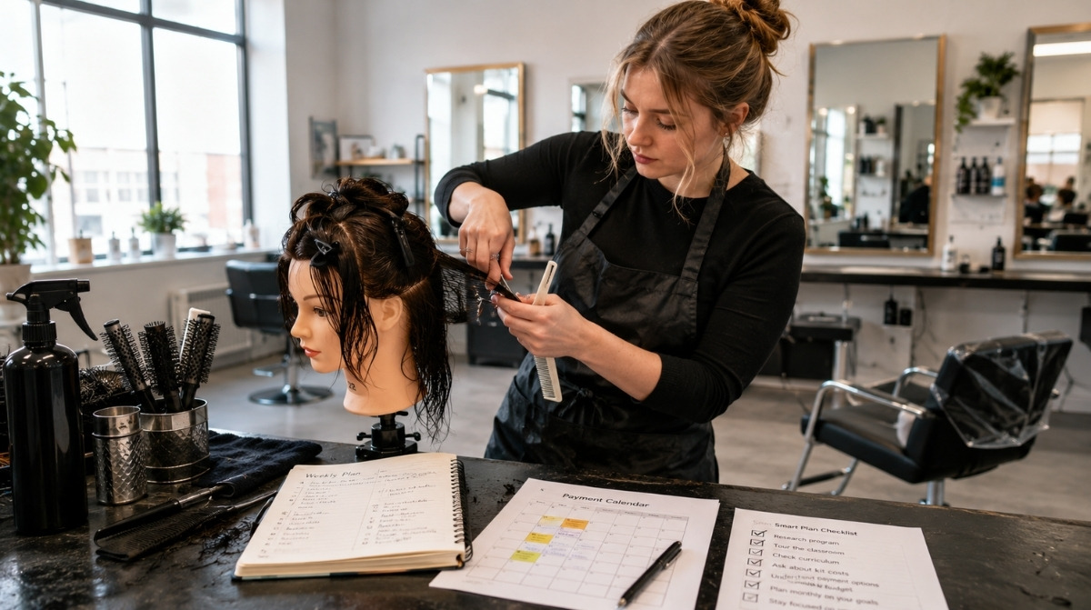 Beauty student practicing haircut techniques on a mannequin head in a salon classroom with a payment calendar, notebook, checklist, brushes, and tools nearby.