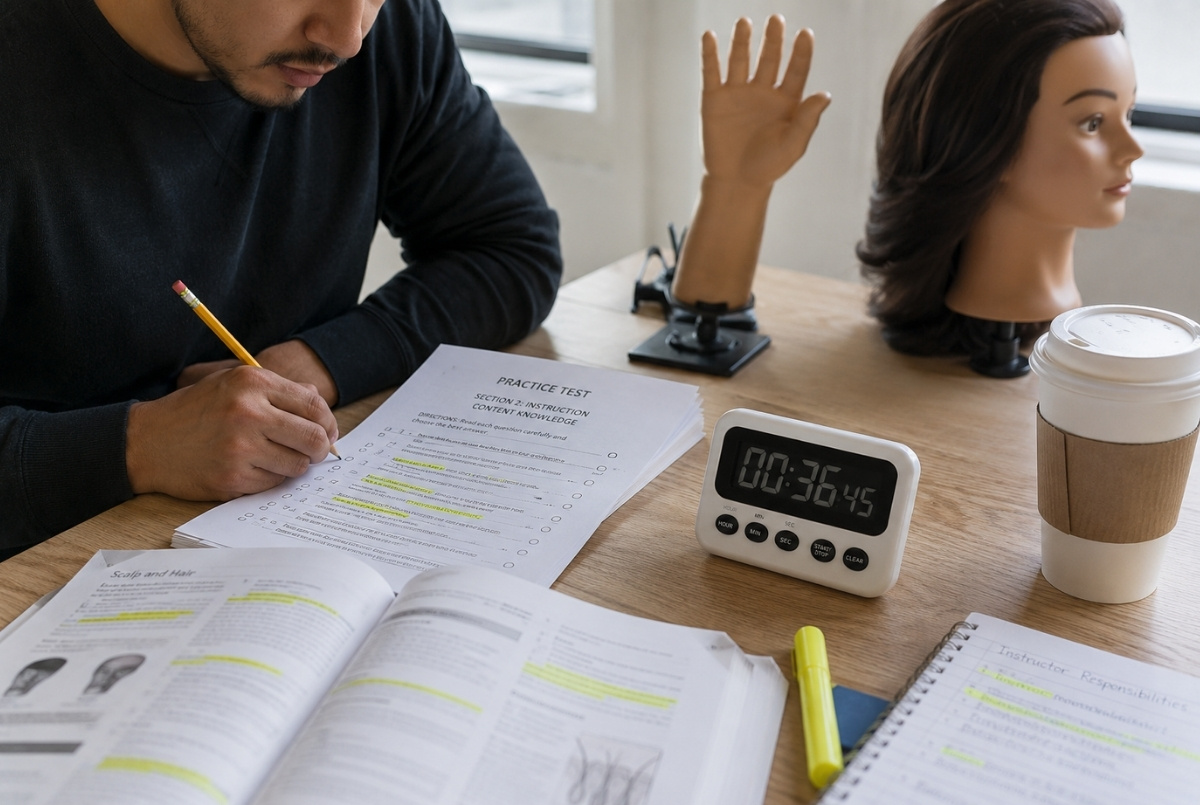 Beauty professional studying for a cosmetology instructor practice test with a timer, highlighted study guide, pencil, coffee cup, mannequin hand, and mannequin head on a desk.
