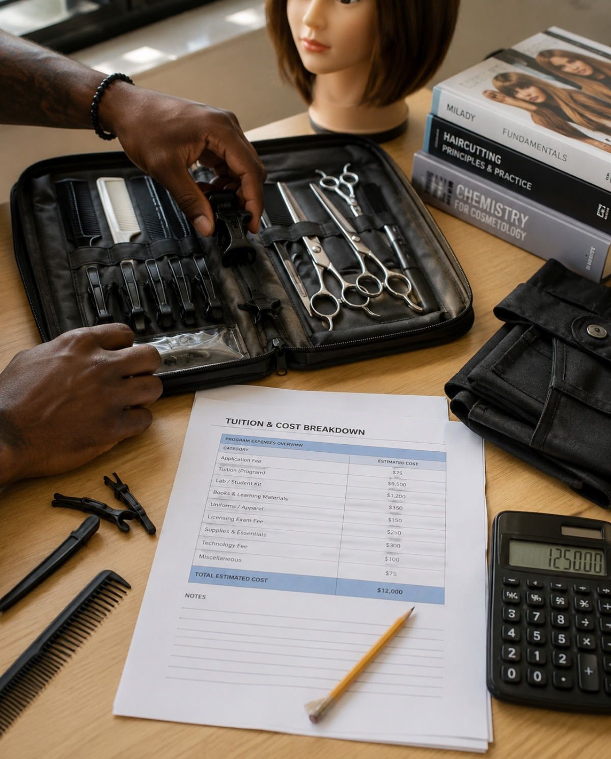 Open cosmetology student kit with shears, combs, clips, mannequin head, calculator, textbooks, apron, and tuition cost breakdown on a classroom table.