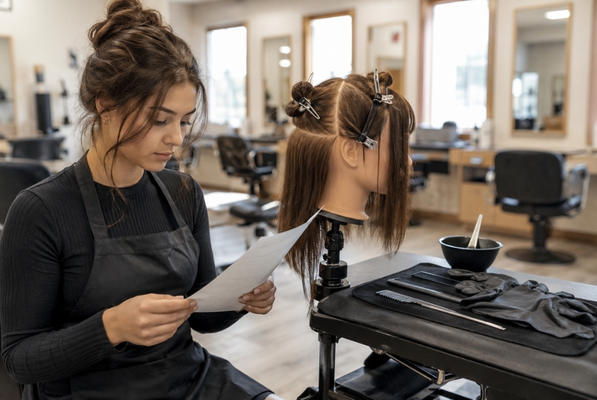 A cosmetology student reviews an unmarked study sheet while a sectioned mannequin head, clips, combs, and gloves sit on a salon workstation.