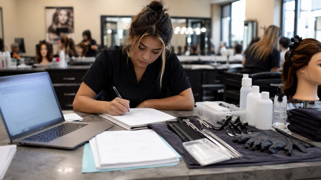 Cosmetology student prepares for state board exam with blurred laptop test, mannequin head, gloves, bottles, towels, and practical kit tools.